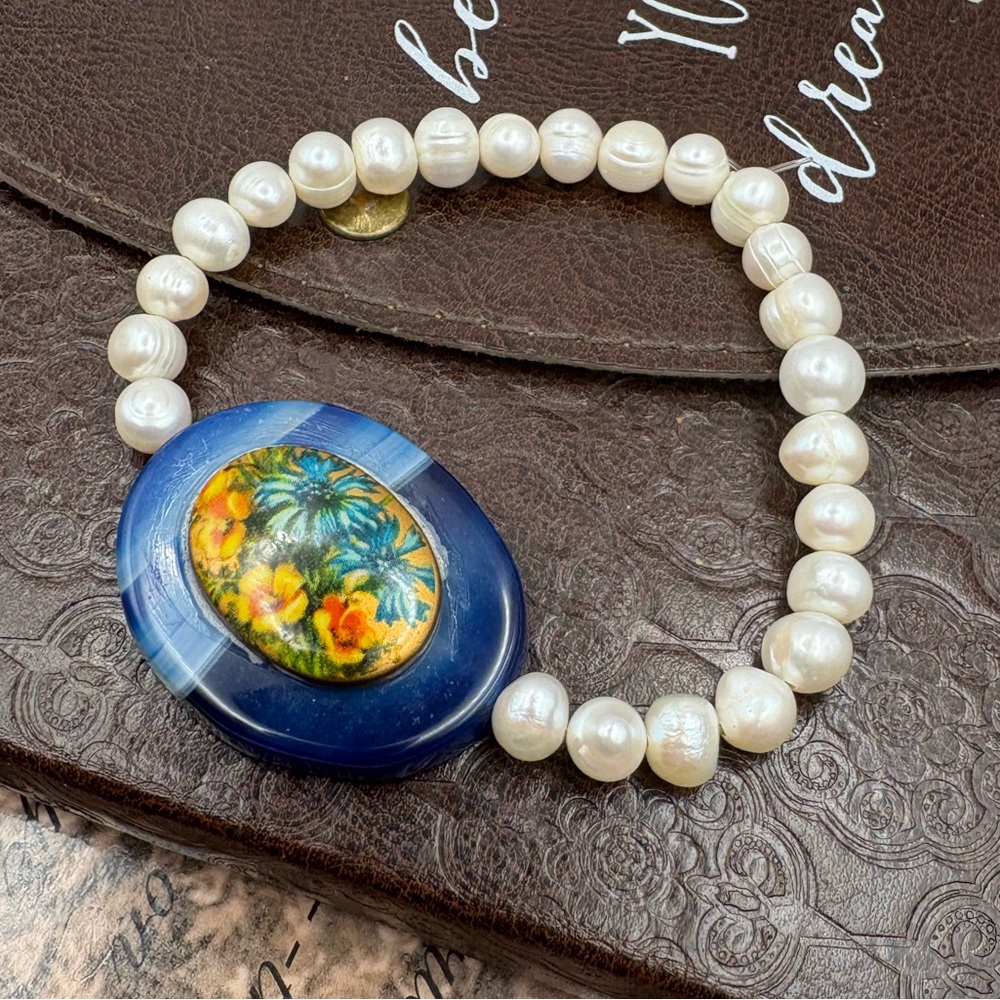 Handmade Freshwater Pearl Blue Agate Bracelet Vintage Floral Cabochon Granny Chi